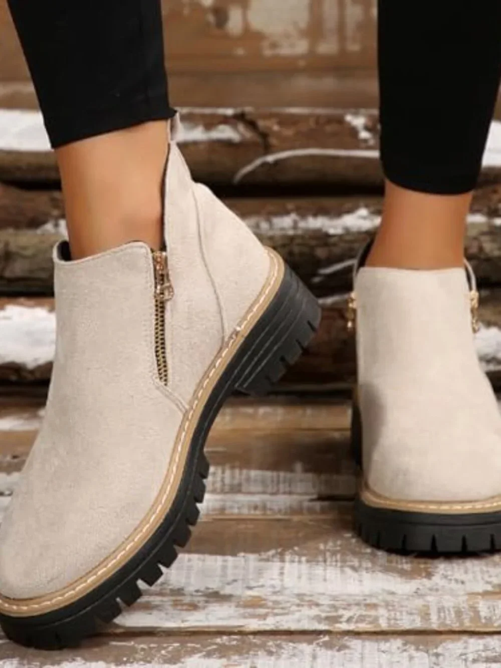 Suede Chunky Heel Ankle Booties with Side Zipper Lug Sole Round Toe